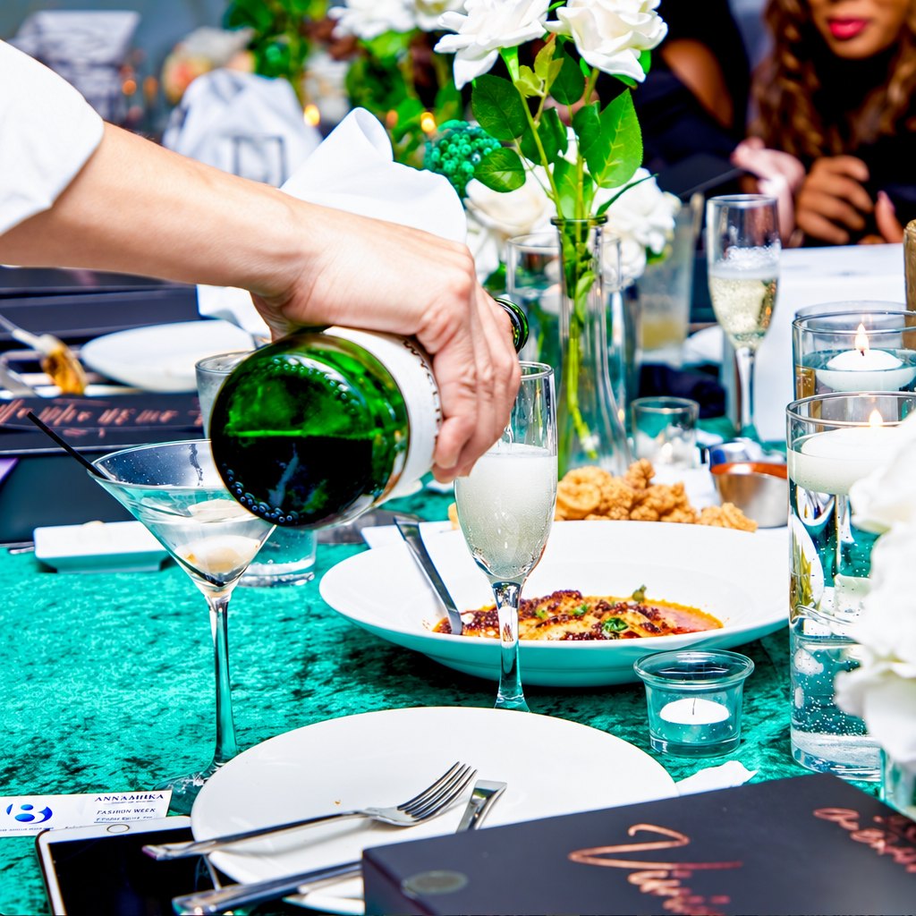 Champagne poured at a dinner table dressed in emerald velvet