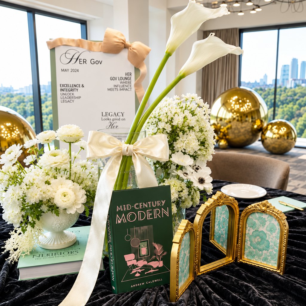 Lounge table styled with white florals, mirrored gold spheres and gilded arched frames